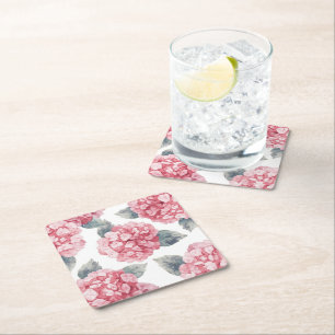 Pink Hydrangeas Watercolor Floral Blooms Painting Square Paper Coaster