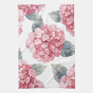 Pink Hydrangeas Watercolor Floral Blooms Painting Tea Towel