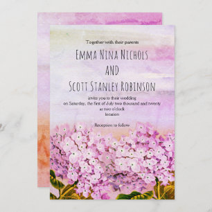 Pink hydrangeas watercolor wedding invitation