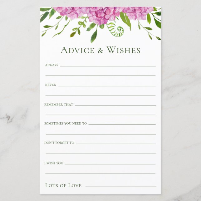 Pink Hydrangeas Wedding Advice and Wishes  (Front)