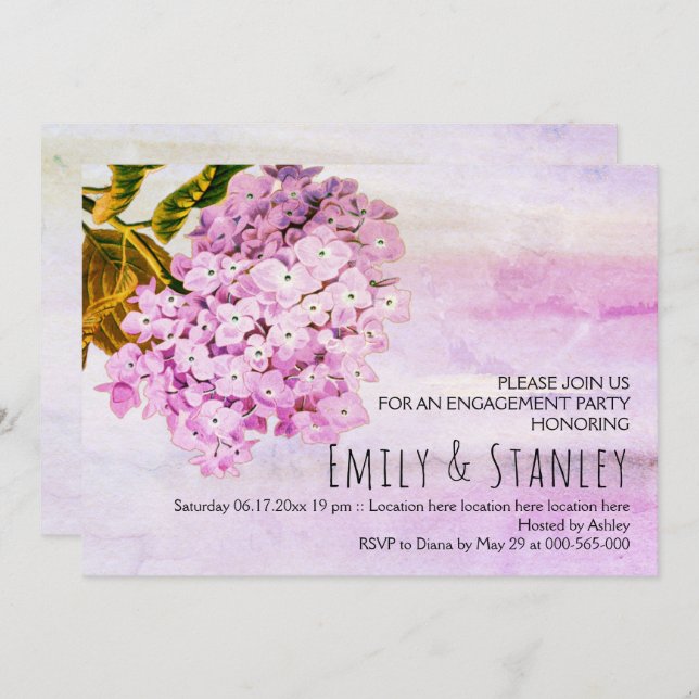 Pink hydrangeas wedding engagement invitation (Front/Back)
