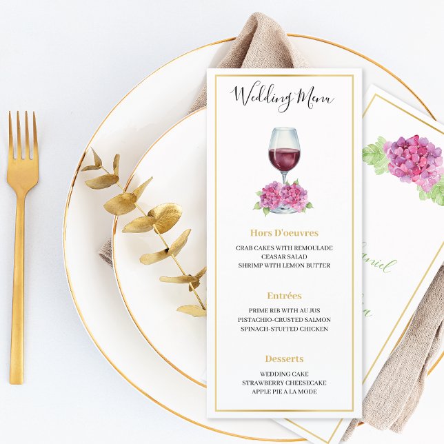 Pink Hydrangeas Wine Glass Wedding Flat Menu (Creator Uploaded)