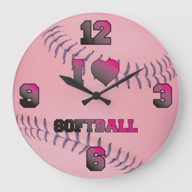 Pink I love softball Large Clock (Front)