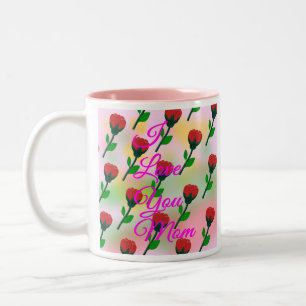 Pink I Love You Mom with mosaic of Red Flowers Two-Tone Coffee Mug