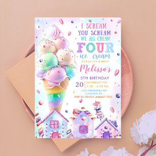 Pink Ice Cream 4th Birthday Invitation