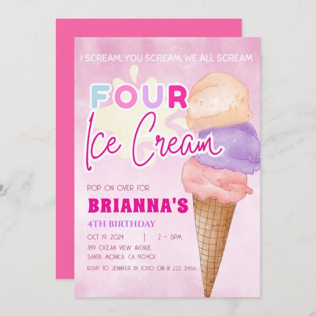 Pink Ice Cream 4th Birthday Summer Girl Invitation (Front/Back)