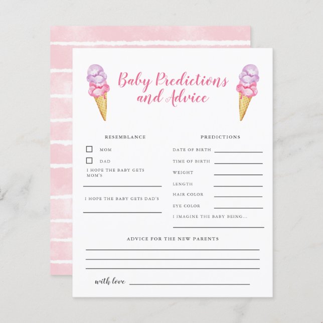 Pink Ice Cream Baby Predictions & Advice Card (Front/Back)