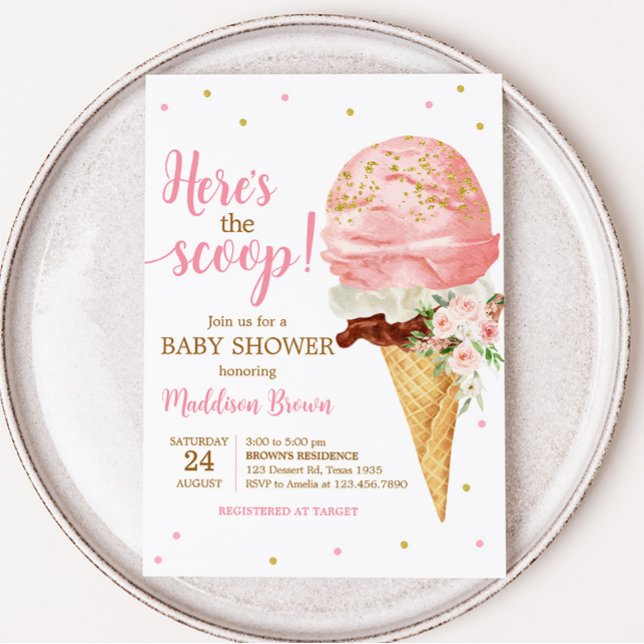 Pink Ice Cream Baby Shower  Invitation (Here is the Scoop Baby Shower Invitation)