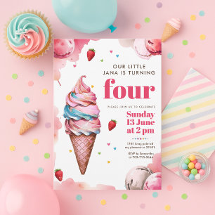 Pink Ice Cream Cone Birthday   Girl’s Sweet  Invitation