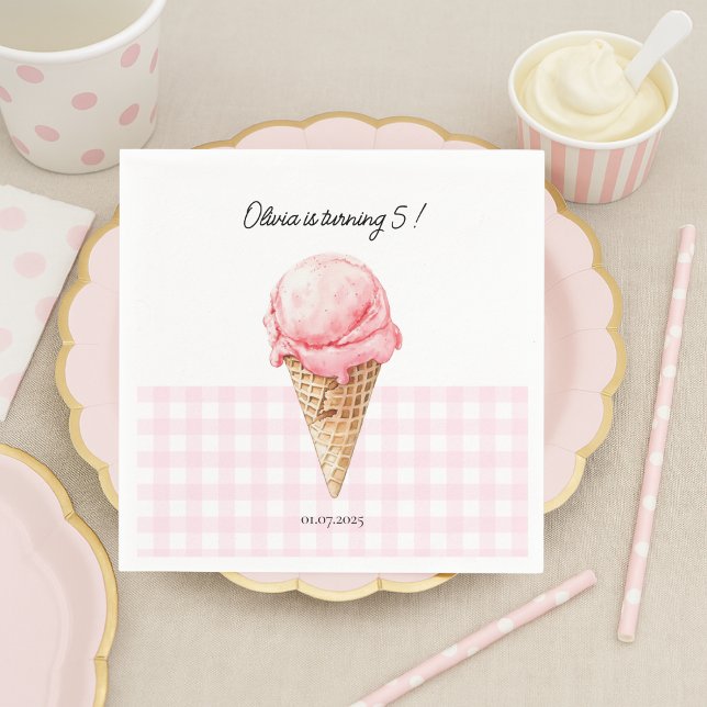Pink Ice Cream Cone Birthday Napkin | Personalised (Creator Uploaded)