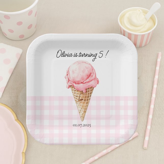 Pink Ice Cream Cone Birthday Party Paper Plate (Creator Uploaded)