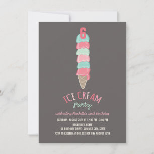 Pink Ice Cream Cone Girl 6th Birthday Party Invite