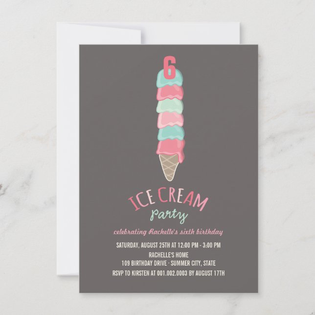 Pink Ice Cream Cone Girl 6th Birthday Party Invite (Front)