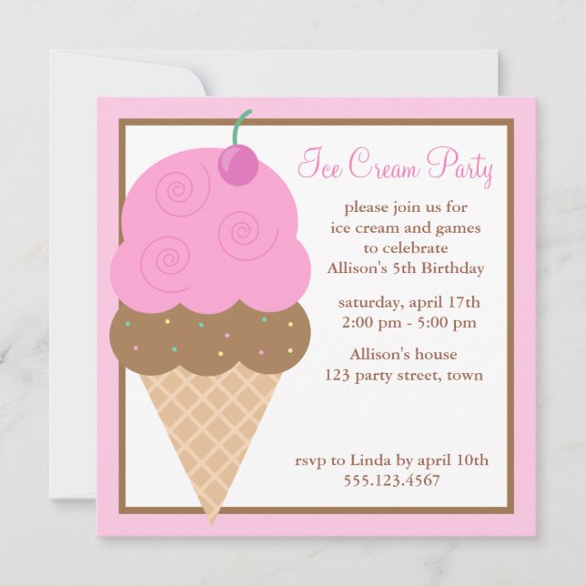 Pink Ice Cream Cone Kids Birthday Party Invitation (Front)