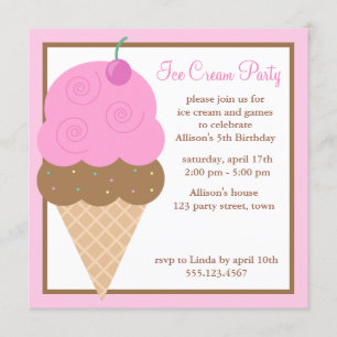 Pink Ice Cream Cone Kids Birthday Party Invitation