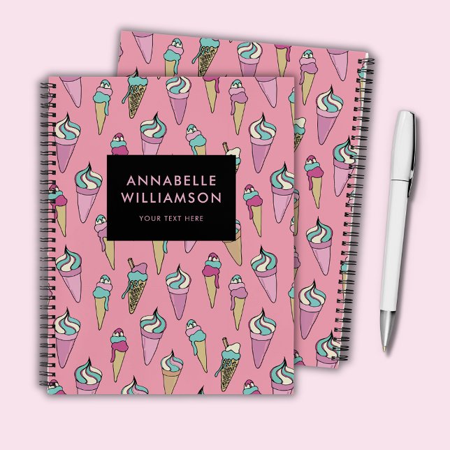 Pink Ice Cream Cone Personalised Notebook (Cute girly pink ice cream personalized spiral notebook)