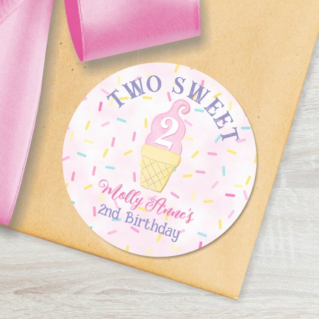 Pink Ice Cream Cone TWO SWEET 2nd Birthday Girl Classic Round Sticker (Creator Uploaded)