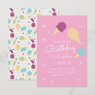 Pink Ice Cream Cones Stars Summer Birthday Party Invitation