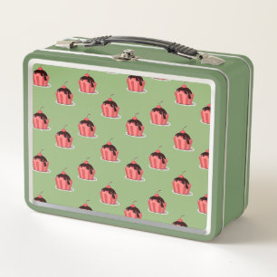 Pink ice cream cups on green metal lunch box
