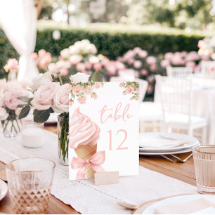 Pink Ice Cream Floral Bow Baby Girl Shower Table Number