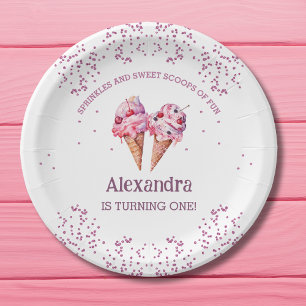 Pink Ice Cream Girl 1st Birthday Party Paper Plate