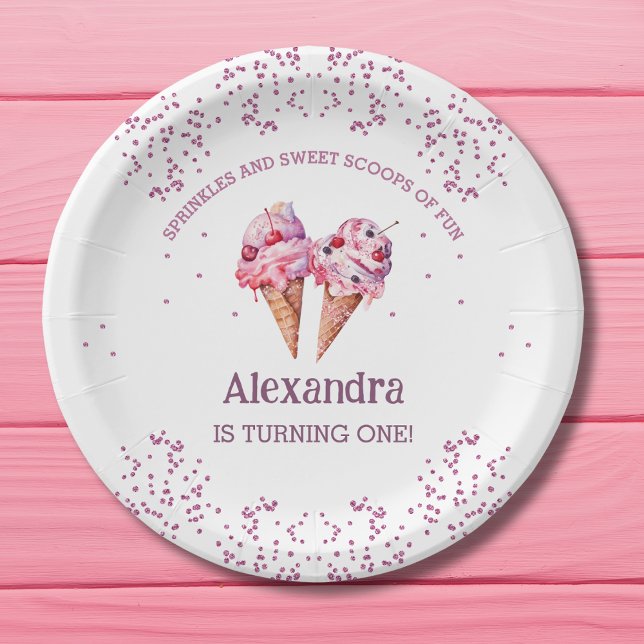 Pink Ice Cream Girl 1st Birthday Party Paper Plate (Creator Uploaded)