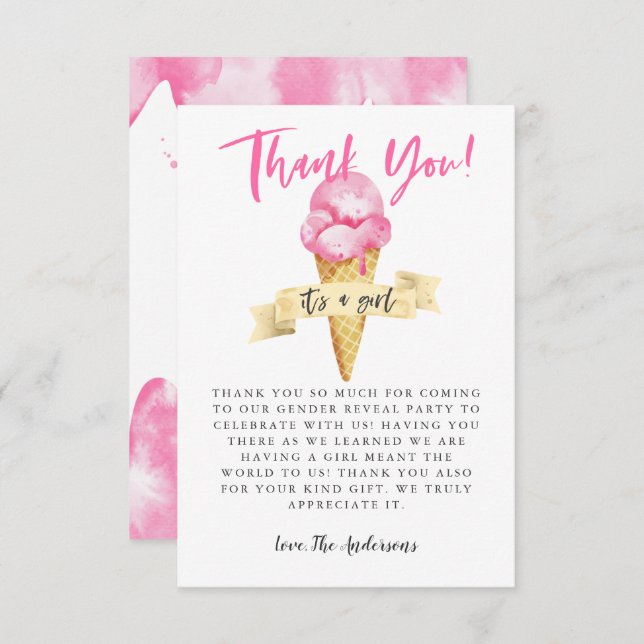 Pink Ice Cream Girl Gender Reveal Party Thank You Card (Front/Back)
