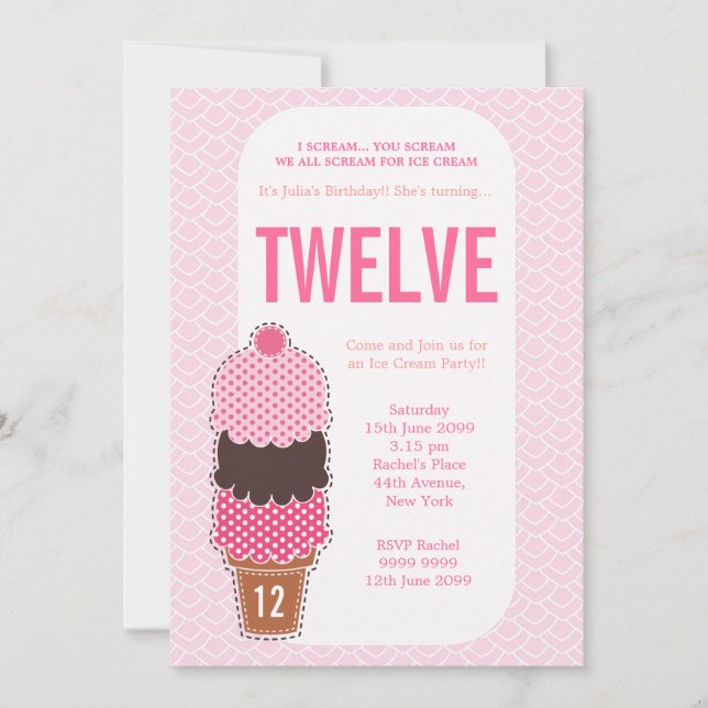 Pink Ice Cream Party Girls Birthday Invite (Front)