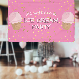 Pink Ice Cream Party Kids Birthday Banner