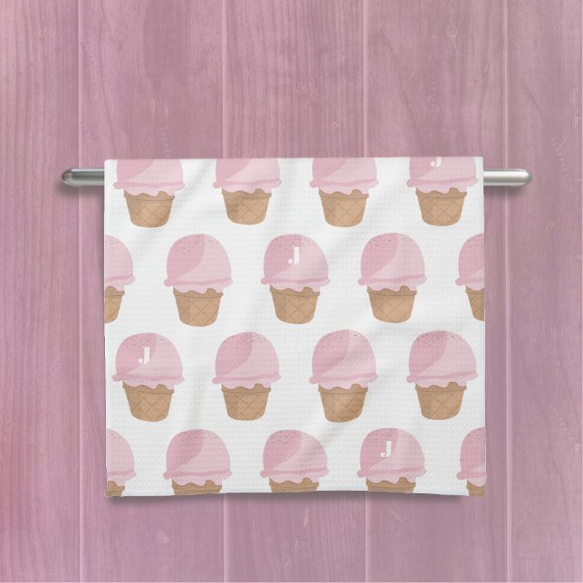 Pink Ice Cream Pattern Monogrammed Kitchen Towel (Sweet ice cream pattern kitchen towel with space for your initial)
