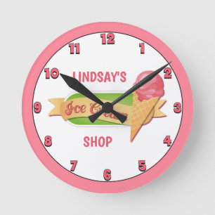 Pink Ice Cream Shop Custom Round Clock