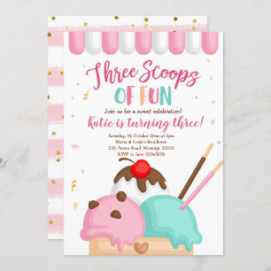 Pink Ice cream three scoops of fun birthday Invitation