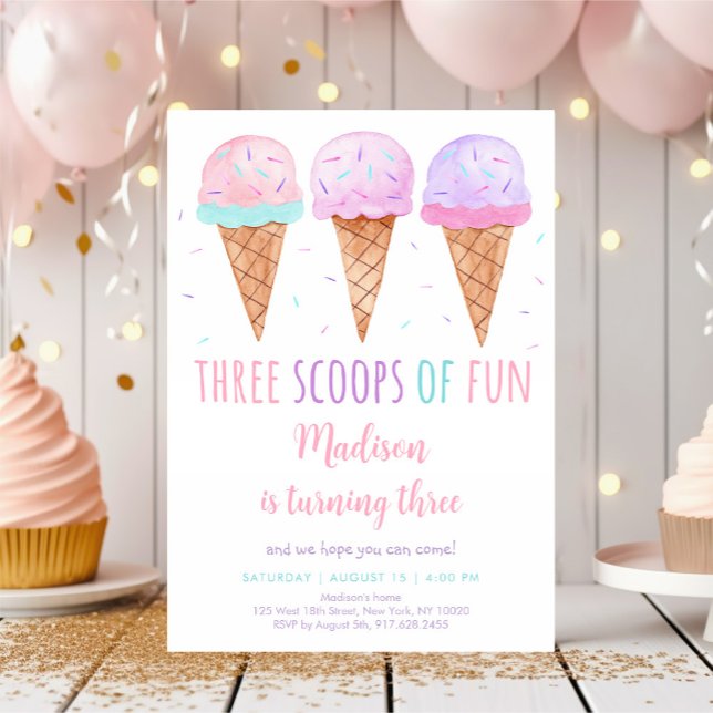 Pink Ice Cream Three Scoops of Fun Birthday Invitation (Creator Uploaded)