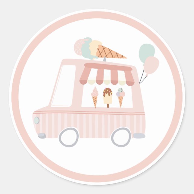 Pink Ice Cream Truck Birthday Party Favour Classic Round Sticker (Front)