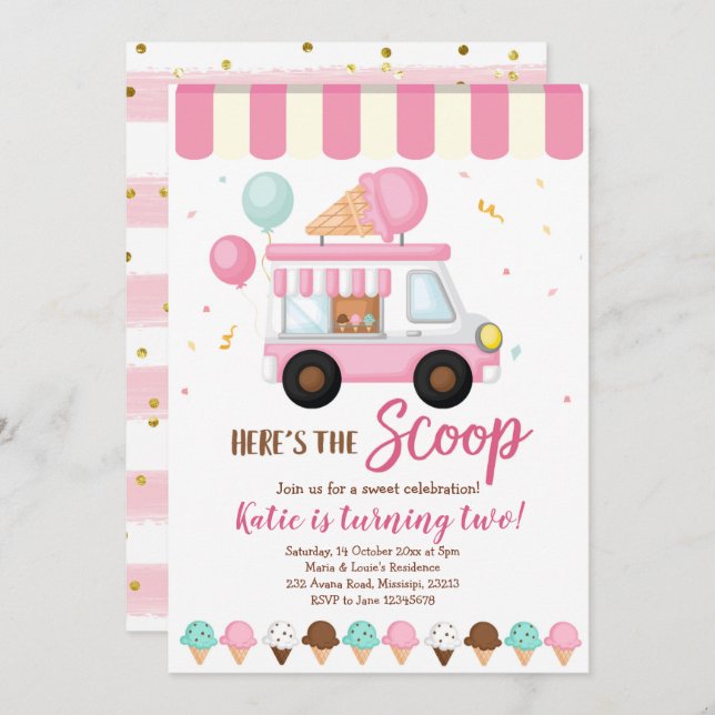 Pink Ice cream truck birthday party invitation (Front/Back)