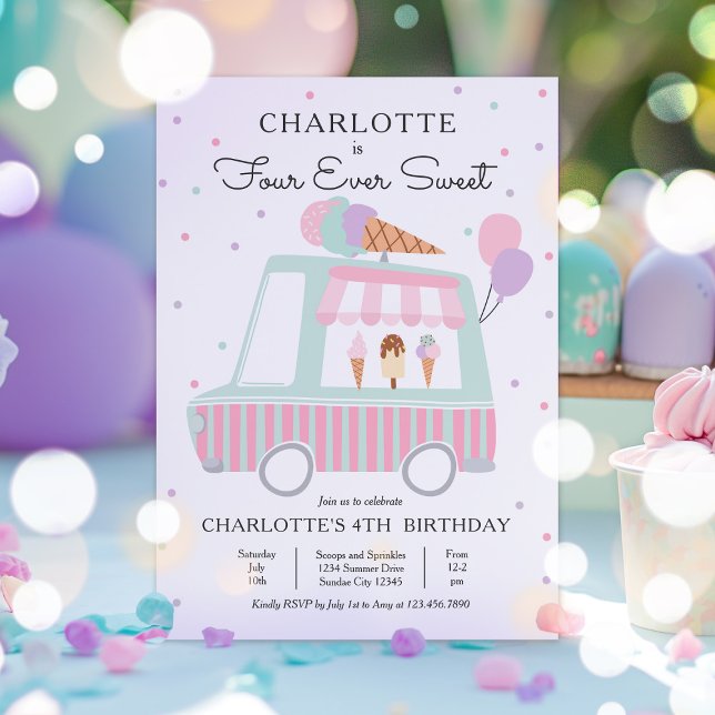 Pink Ice Cream Truck Four Ever Sweet 4th Birthday Invitation (Creator Uploaded)
