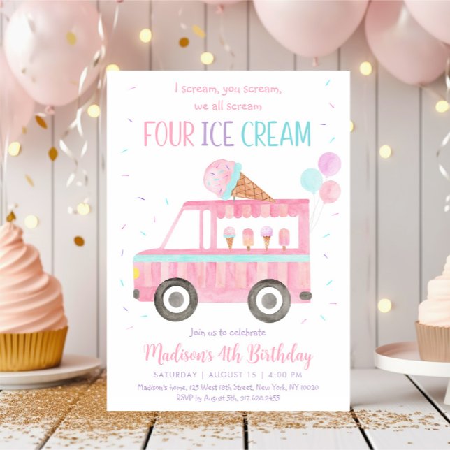 Pink Ice Cream Truck Fourth Birthday Invitation (Creator Uploaded)
