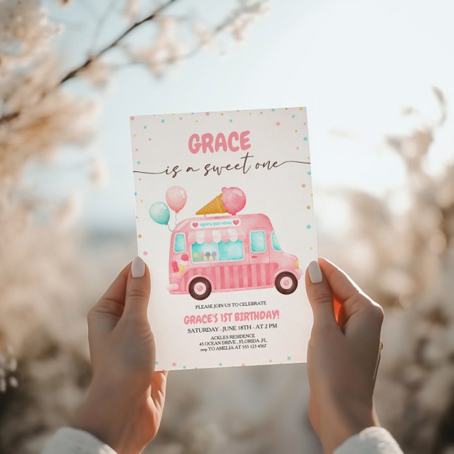 Pink Ice Cream Truck Here's The Scoop Birthday Invitation (Creator Uploaded)