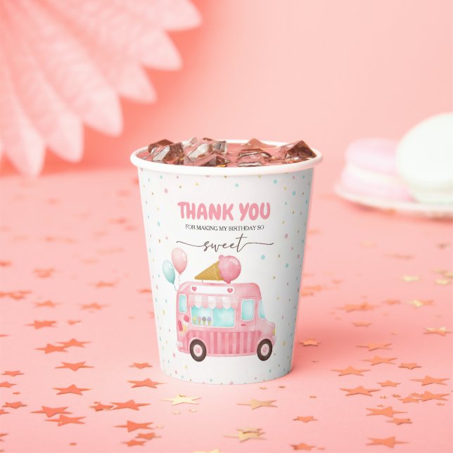 Pink Ice Cream Truck Here's The Scoop Birthday Paper Cups (Insitu)