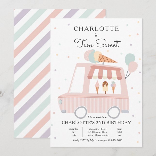 Pink Ice Cream Truck Two Sweet 2nd Birthday Party Invitation (Front/Back)
