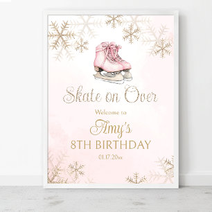 Pink Ice Skating Birthday Gold Snowflakes Welcome Poster