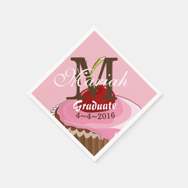 Pink Iced Cherry Cupcake Monogram Napkins (Corner)