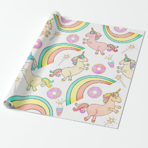 Pink Iced Doughnuts, Unicorns, magic wands, rainbo Wrapping Paper