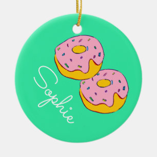 Pink icing doughnut girl's theme sweets name ceramic ornament