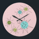 Pink Iconic Atomic Starbursts Acrylic Wall Clock<br><div class="desc">This Pink Iconic Atomic Starbursts Round Acrylic Wall Clock pattern features iconic atomic starbursts. That’s right! The old school, First Lady Pink coloured background with gold speckles is the perfect backdrop for the vibrant turquoise, soothing celery, and kitschy pear green coloured circles. The spots of colour are sporadically placed in...</div>