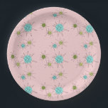 Pink Iconic Atomic Starbursts Paper Plates<br><div class="desc">This Pink Iconic Atomic Starbursts Paper Plate pattern features iconic atomic starbursts. That’s right! The old school, First Lady Pink coloured background with gold speckles is the perfect backdrop for the vibrant turquoise, soothing celery, and kitschy pear green coloured circles. The spots of colour are sporadically placed in various sizes...</div>