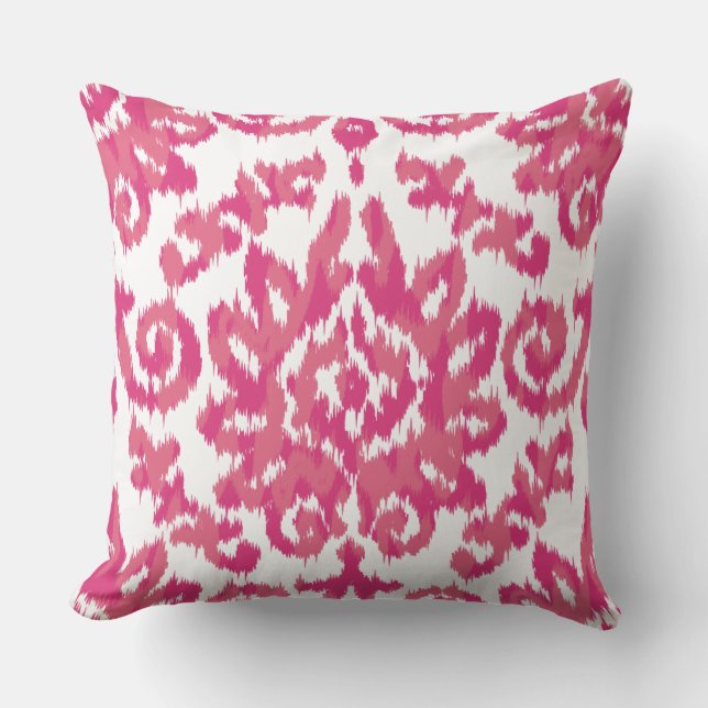 Pink Ikat Boho Whimsical Ethnic Girly White & Pink Cushion (Front)