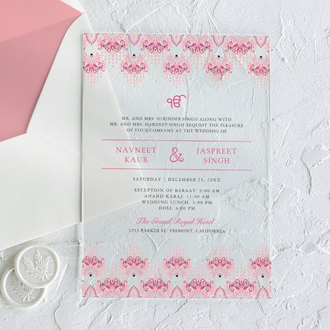 Pink Ikat Border Anand Karaj Sikh Wedding Acrylic Invitations (Creator Uploaded)