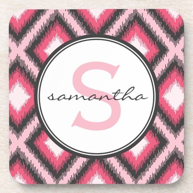 Pink Ikat Monogram Coaster (Front)