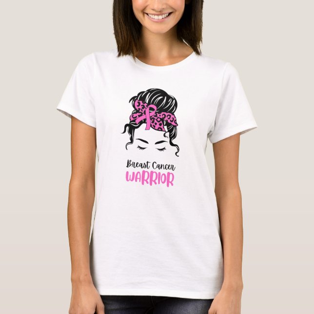 Pink Illustration Woman Messy Bun Breast Cancer T-Shirt (Front)